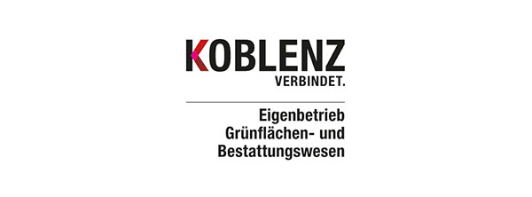 Logo Eigenbetrieb Stadt Koblenz. Text: Koblenz verbindet. Eigenbetrieb Grünflächen- und Bestattungswesen